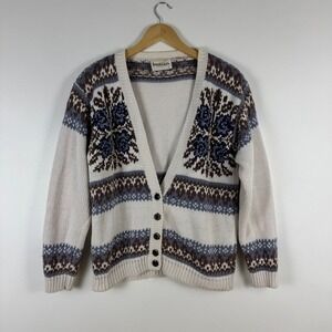 VTG! Jantzen Women's Fair Isle Cardigan Sweater Cream Brown Blue Size‎ L